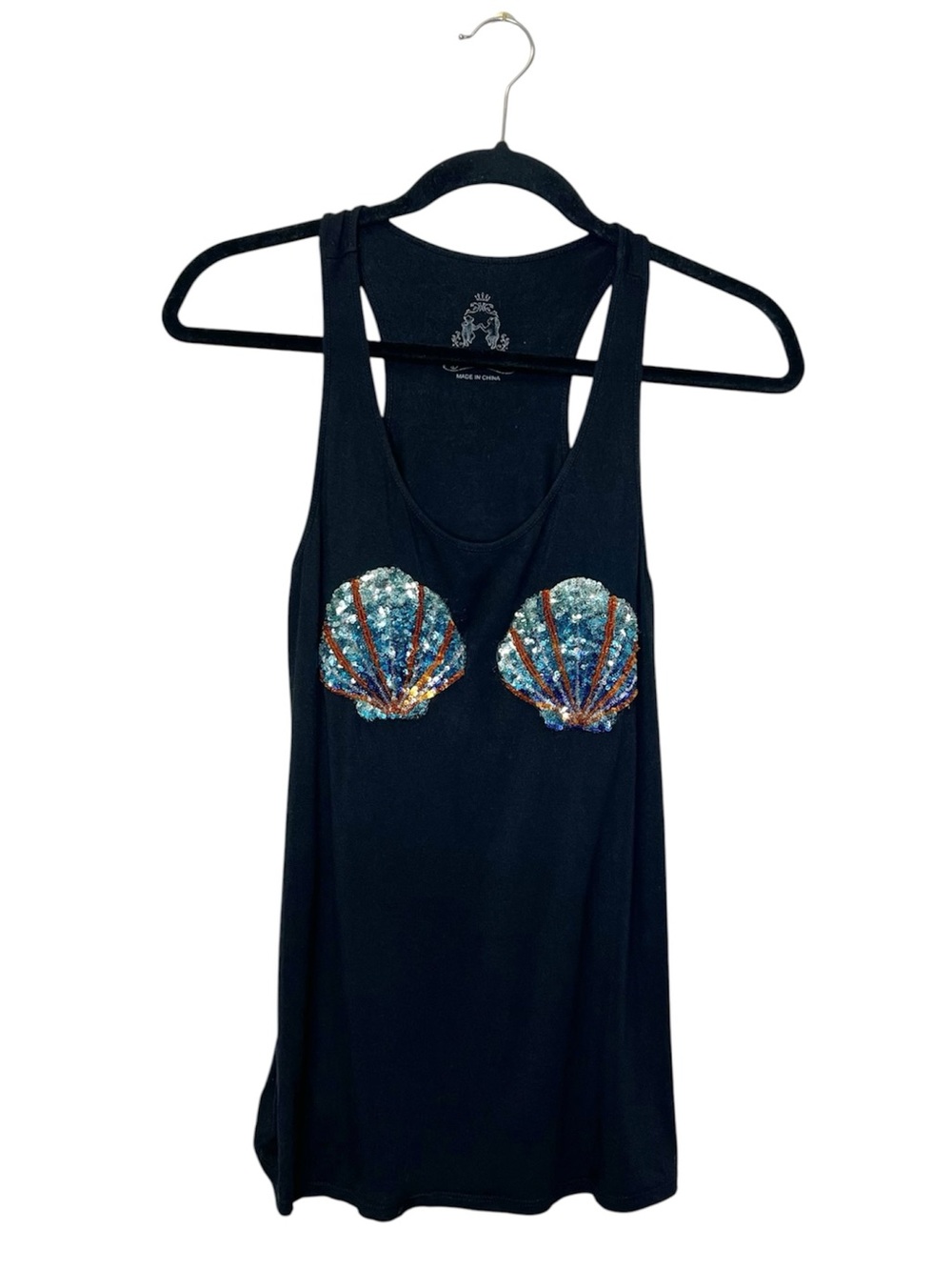 Mermaid Sequin Sea Shells Black Tank Top size Small